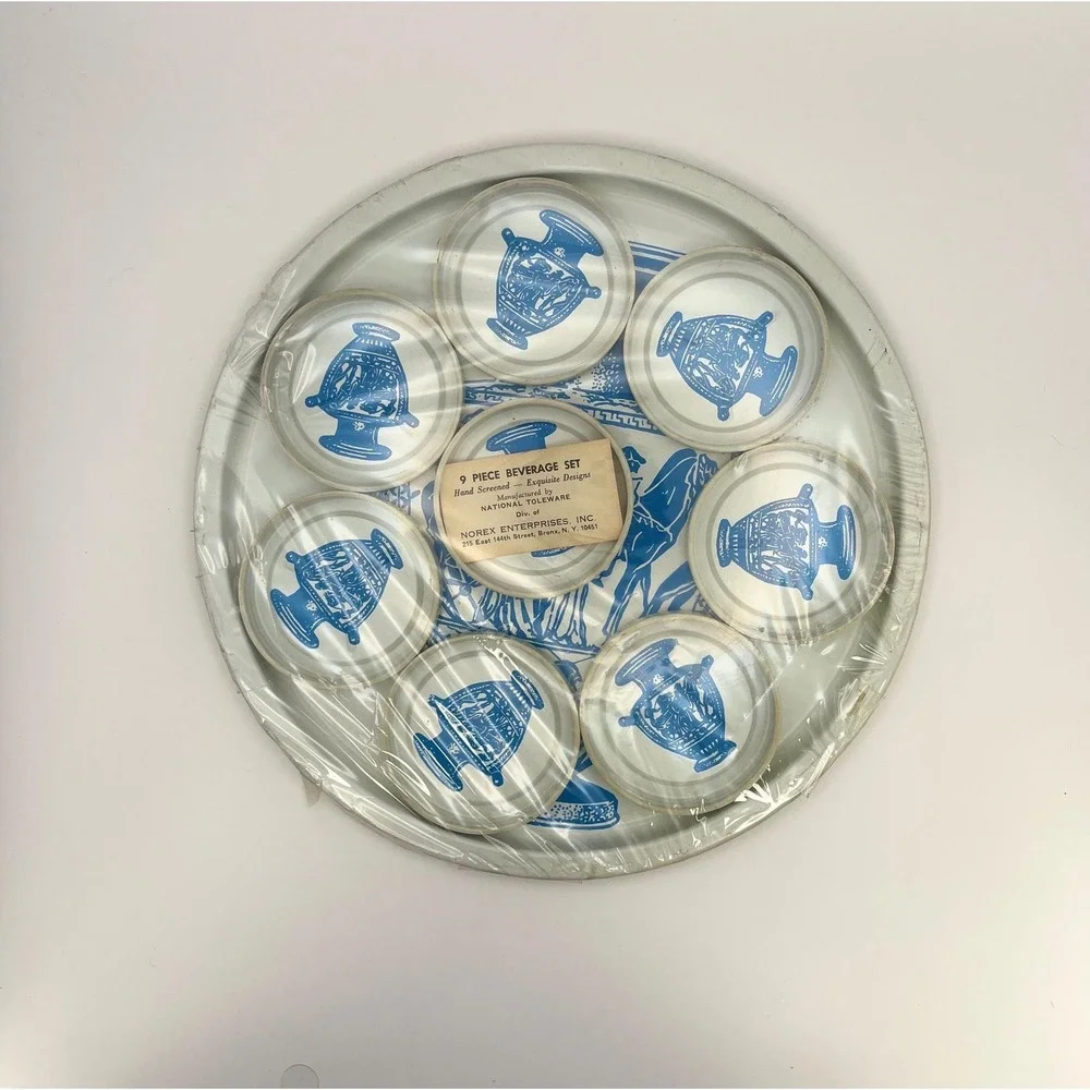 Vintage MCM National Toleware Set Blue & White Coaster and Serving Tray Set